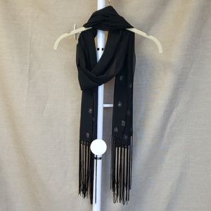 Black scarf with beaded flowers and fringe